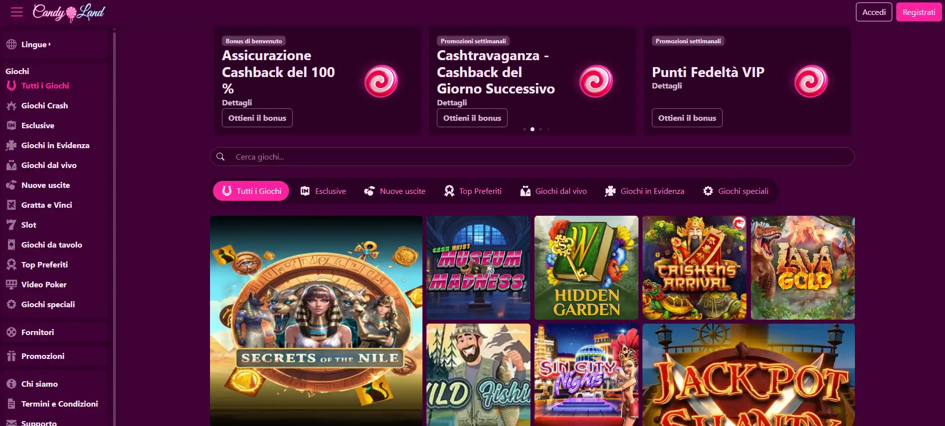 Homepage ufficiale di Candyland Casino con logo e navigazione del sito