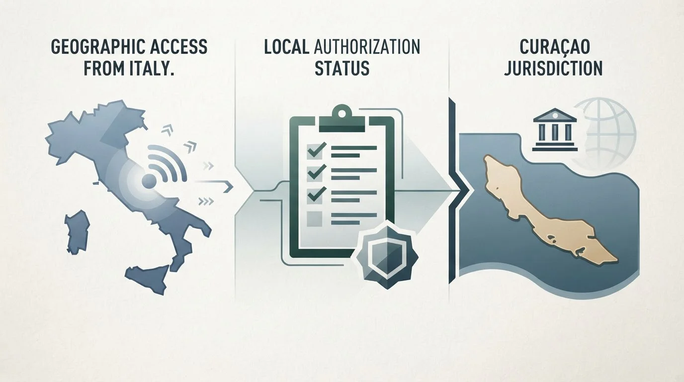 Schema editoriale che separa accesso dall'Italia, concessione ADM e giurisdizione di Curaçao