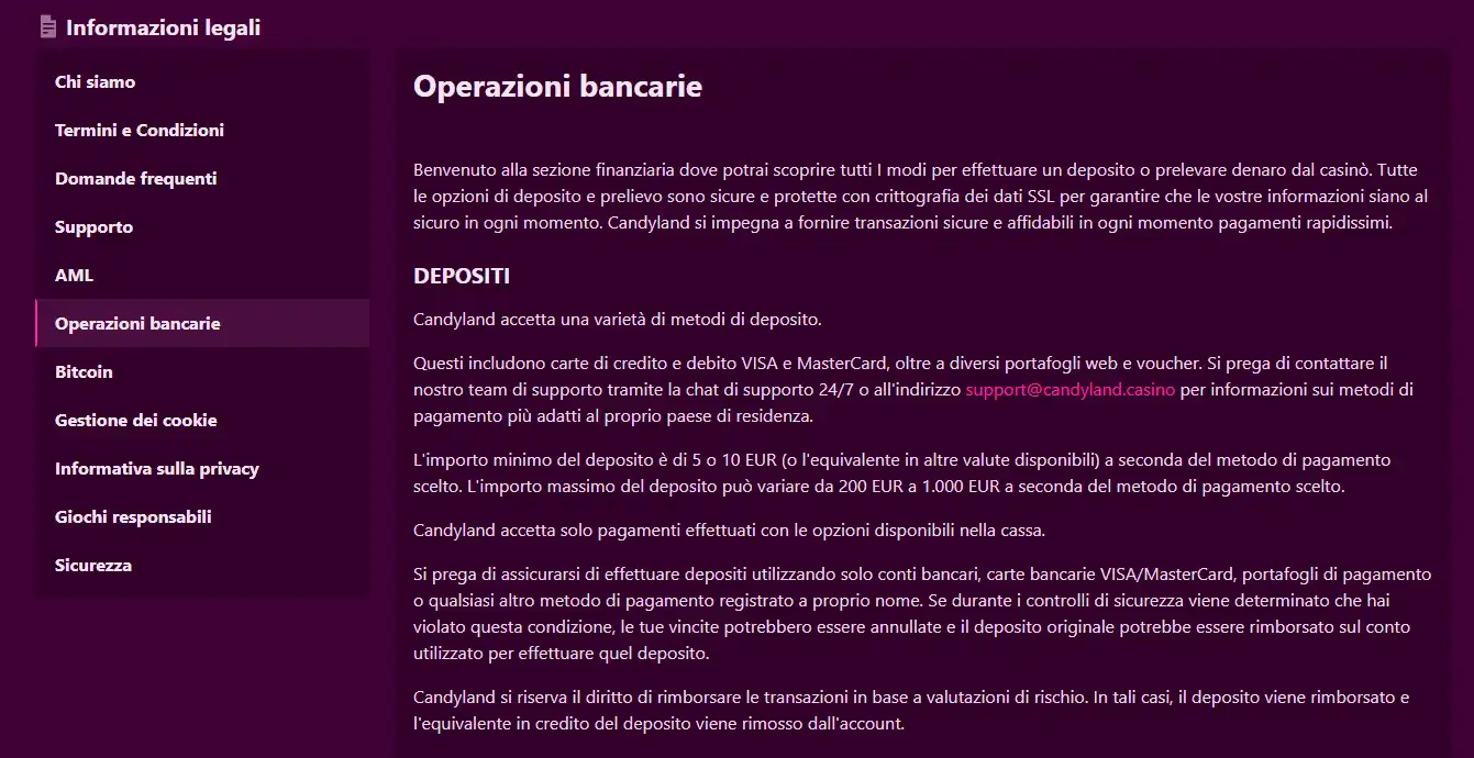 Pagina Banking ufficiale di Candyland con informazioni su depositi, verifica e metodi di pagamento